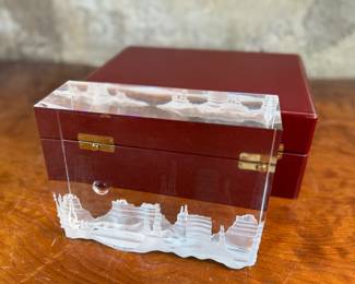 “Monument Valley”, an incredible crystal sculpture designed by Bernard X. Wolff for Steuben circa 1984. Comes in a stunning red presentation case, along with papers and documentation. This sculpture measures, 6.5” H x 8.75” W. 
