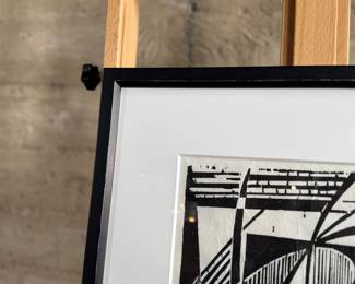 "Spiral Thrust", a black and white woodcut print by listed German-American artist, Werner Drewes. Hand-signed by the artist and limited edition. Professionally framed and measures in frame, 25” H x 20.25” W. Werner Drewes was born in Canig, Germany, and began studying art in 1920 at the Stuttgart School of Architecture. A year later he transferred to the Stuttgart School of Arts and Crafts. From 1921 to 1922, he studied with Paul Klee, Johannes Itten, and Oskar Schlemmer at the Bauhaus in Weimar.

