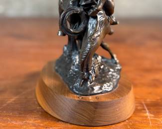 “Weaver”, a bronze sculpture after listed artist C.M. Russell. Signed as shown in photos and measures, 8” H x 6” W x 5” D. Charles Marion Russell, also known as C. M. Russell, Charlie Russell, and “Kid” Russell, was an American artist of the American Old West. He created more than 2,000 paintings of cowboys, Native Americans, and landscapes set in the western United States and in Alberta, Canada, in addition to bronze sculptures.
