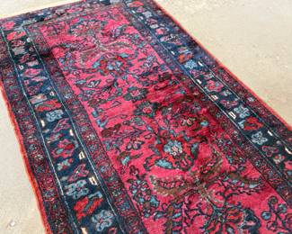 This lot features an antique Persian Hamadan rug that measures, 74” x 40”. Minor wear or “patina” throughout with a few small cuts/holes shown in photos.
