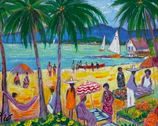 “Paysage A St. Dominque”, a seriolithograph in color on canvas by listed artist, Jean-Claude Picot circa 2004. Signed in ink and numbered on the verso. Professionally framed by Park West Gallery and measures in frame, 15.5” H x 17.75” W. Includes certificate of authenticity and appraisal from Park West. Jean-Claude Picot (1933 – 2020) was active/lived in France. Jean Claude Picot is known for Fauve-style landscape, still life festival and market genre painting. Since 1956, Jean Claude Picot has been working exclusively as a professional artist. Signed in pigment and numbered on verso.
