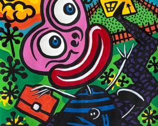 "L’Enfant Sur Le Chemin De L’ecole" or, "The Child on the Way to School", an original painting by listed artist, Hervé Di Rosa circa 1989. Measures in frame, 43” H x 33.5” W. Hervé Di Rosa is a French painter known for his colorful, graphic style that draws from popular culture, comic books, and graffiti. He was a key figure in the Figuration Libre movement, which emerged in the 1980s. The work reflects Di Rosa’s embrace of mass urban culture and his love for pop culture, combining bold colors and a sense of vitality. Professionally framed and in very good condition.
