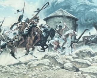 "The Ambush", a limited edition giclee by listed artist, Frank McCarthy circa 1978. This piece measures in the frame, 23.5” H x 41.5” W. The painting depicts a group of Native Americans on horseback attacking a train at a water tower. McCarthy’s art is known for its action-packed compositions and cinematic realism, capturing the energy of the American frontier.
