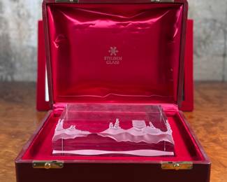 “Monument Valley”, an incredible crystal sculpture designed by Bernard X. Wolff for Steuben circa 1984. Comes in a stunning red presentation case, along with papers and documentation. This sculpture measures, 6.5” H x 8.75” W. 
