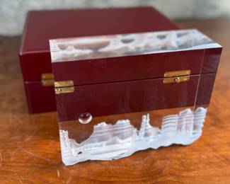“Monument Valley”, an incredible crystal sculpture designed by Bernard X. Wolff for Steuben circa 1984. Comes in a stunning red presentation case, along with papers and documentation. This sculpture measures, 6.5” H x 8.75” W. 
