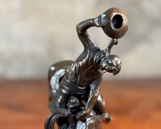 “Weaver”, a bronze sculpture after listed artist C.M. Russell. Signed as shown in photos and measures, 8” H x 6” W x 5” D. Charles Marion Russell, also known as C. M. Russell, Charlie Russell, and “Kid” Russell, was an American artist of the American Old West. He created more than 2,000 paintings of cowboys, Native Americans, and landscapes set in the western United States and in Alberta, Canada, in addition to bronze sculptures.
