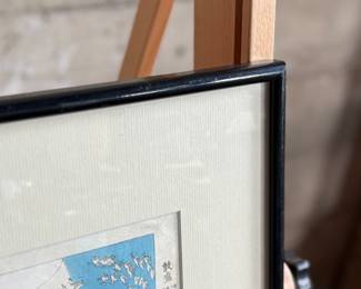 "Warrior Play", a Japanese woodblock print by listed artist, Tsukioka Kōgyo. Professionally framed and measures in frame, 16.5” H x 21” W. The print depicts a scene from the Noh play Atsumori by Zeami Motokiyo. The play is a shura-mono, or "warrior play, " which is part of the "dream" genre of Noh theater. The story focuses on the ghost of the young samurai Taira no Atsumori and his killer, Kumagai Naozane. This particular print is from the series Pictures of Noh Performances (Nōgaku zue), which was released in five volumes between 1897 and 1902.
