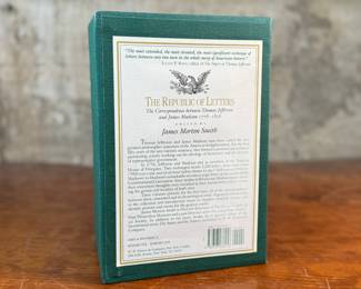 This lot features a three-volume of a series titled The Republic of Letters: The Correspondence between Thomas Jefferson and James Madison 1776-1826, edited by James Morton Smith. This is a collection of nearly 1,250 letters exchanged between Thomas Jefferson and James Madison, who are referred to as “the two greatest philosopher-statesmen of the American Enlightenment”. The letters document their personal and political partnership, which was instrumental in shaping the ideology of democracy and representative government.

