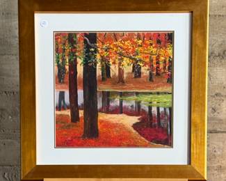 “A Scene from Autumn”, a giclee on paper by listed artist, David Najar circa 2014. Hand-signed by the artist and limited edition with certificate of authenticity and appraisal from Park West Gallery. Professionally framed and measures in frame, 27.5” H x 27.5” W. Born in 1962, David Najar grew up in Israel. His teachers recognized Najar’s artistic skills, but his family was less supportive of Najar’s talent. “In my family there was no such thing as an artist or painter. The closest thing to a painting we had at home was a tapestry, ” Najar says.
