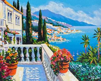 “Terrace View”, a serigraph in color with hand embellishment on canvas by listed artist, Alex Pauker circa 2002. Professionally framed by Park West Gallery and measures in frame, 21.5” H x 25.5” W. Comes with certificate of authenticity and appraisal from Park West. Alex Pauker was born in Russia in 1974, when the country was still under Communist rule. It was there in his homeland while attending Yekaterinburg College of Art that he discovered his natural talent for creating beautiful paintings of landscapes.
