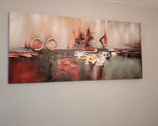 Large Abstract Canvas Wall Art
Oversized abstract canvas art featuring warm tones of red, gold, orange, and cream. Mixed media contemporary artwork with textured elements and metallic accents. Modern wall decor, statement piece, home decor art.