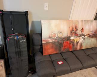 Workout bench, walking pad, abstract art, gray futon