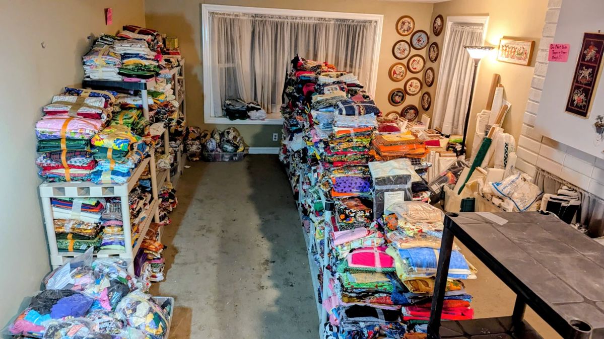 Wall to wall piles of bundled fabric