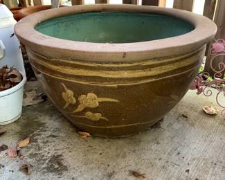 #196 Terra cotta round Pot - 26x18 w/flowers Painted on Sides $65.00