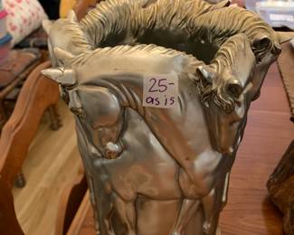 #218 Super Heavy Silver Vase w/Horses on Side (one ear glued together) - 12" Tall $25.00