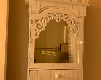#173 White Painted Wood Cabinet w/1 door & 1 drawer - 17x6x27 w/mirror $30.00