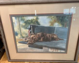 #265 Print of Chocolate Lab in Back of a pickup truck - Shipmann - Framed - 38x31 $40.00