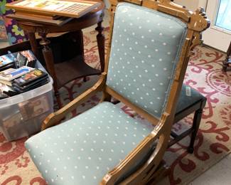 #79 glider rocker blue upholster seat and back as is finish $35.00