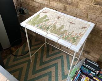 #27 white painted tile dragon fly table 20x14x22 $45.00