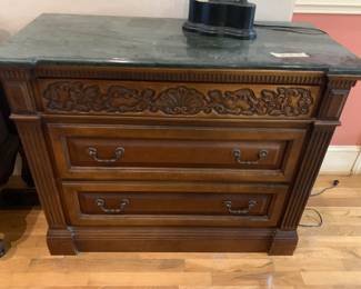#14 marble top 3 drawer chest with carving front40x18x32 $150.00