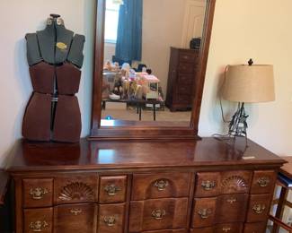 #293 Wood 9 Drawer Curved Front Dresser w/Mirror - 64x18x32 Mirror 30x50 - Upstairs you move $125.00