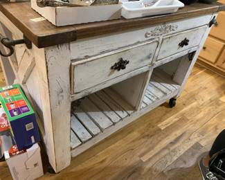 #278 Farmhouse Rolling Wood w/Natural Wood Top Kitchen Island - 50x30x36 w/two drawers $400.00