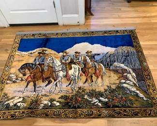 #254 Wall Hanging Rug of Cowboys & Horses - 70x50 on Wood Hanger $50.00