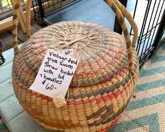 #361 deck Vintage dyed grass straw basket with lid and handles $60.00