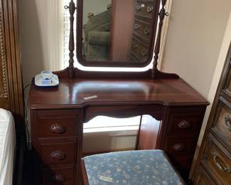 #38 knee hold dresser with 6 drawers with stool 46x17x30 mirr 26x34 stool 23x14x18 $75.00