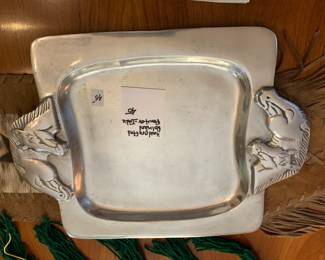 #224 Hand-crafted Polish Pewter Tray w/horse heads - 17x13 - Made in India $45.00