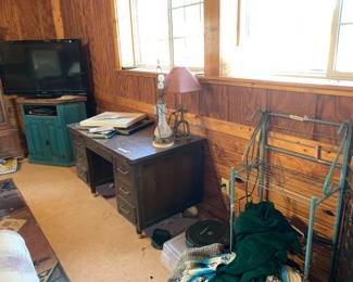 #321 Teal painted Metal 3 Shelf Display Rack - 20x12x42 $40.00
#322 Laminate 6 drawer Desk- 50x26x29 $30.00
#323 Rustic Teal Corner Painted TV Stand w/2 doors - 45x20x35 $45.00
#324 Sony 46" TV (not smart nor flatscreen) w/remote $30.00