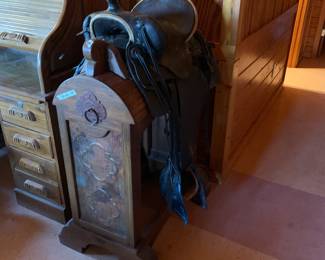#338 Antique Mexican Saddle $50.00
#339 Wood Saddle Stand w/copper front Custom Made 30x22x42 $175.00