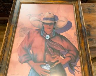 #261 All American Petroglyphs by Doermann burns of Cowgirl w/turquoise earrings - signed print by doreman Burns - 20x26 $40.00