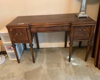 #304 Wood Desk w/3 drawers w/Carvings/inlay - 49x19x30 $100.00