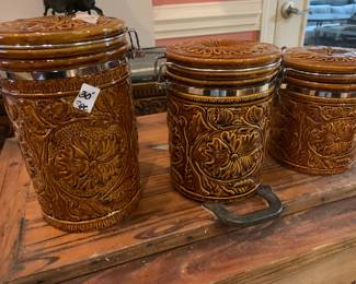 #169 3 piece canister set with brown print $30.00