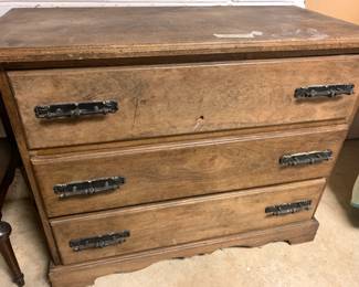 #120 3 drawer chest with metal handles as is finish 38x17x31 $75.00