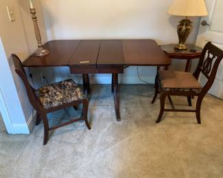 #305 Duncan Phyfe Drop-Leaf Table w/2 Harp Back Chairs - 36x21-56x29 (as is chairs) $75.00