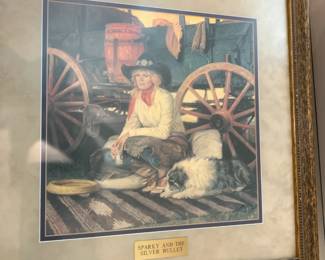 #257 "Sparky and the Gold Bullet" Cowgirl w/dog next to a wagon - Signed Print Framed - 20x20 $45.00