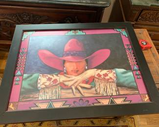 #262 Signed Doreman Burns of Cowgirl w/big pink Hat print - framed - 26x20 - $40.00