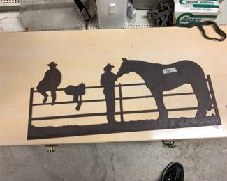 #358 Metal Silhouette of Horse, man and Saddle - 27x12 $20.00