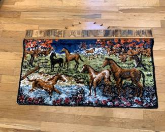 #252 Wall Hanging Rug of Horses on a Decorative Wood Hanger - 3'x21" $30.00