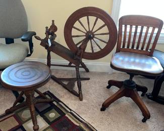 Antique Wooden Furniture-Spinning Wheel,  Stool, Rolling Chair