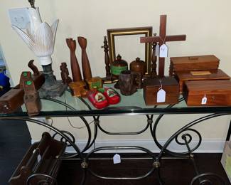 Glass table, antique wooden items