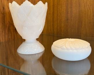 Milk glass flower pot, Carrara marble box.