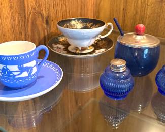German tea cup and saucer; vintage salt, pepper and mustard set, Villeroy and Bach vintage tea cup and saucer.
