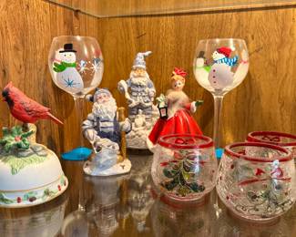 Hand painted Christmas wine glasses, Christmas candle holders, Christmas music boxes.