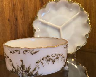 Antique milk glass bowl and dish.