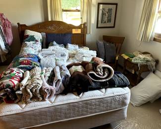 Stanley queen bed with mattress and box, linens, oak rocker, antique side table