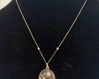 14k Oval Etched Pendant w DIamond by the Yard Chain
