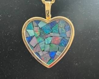 14k Opal Mosaic Heart Pendant w Enhancer